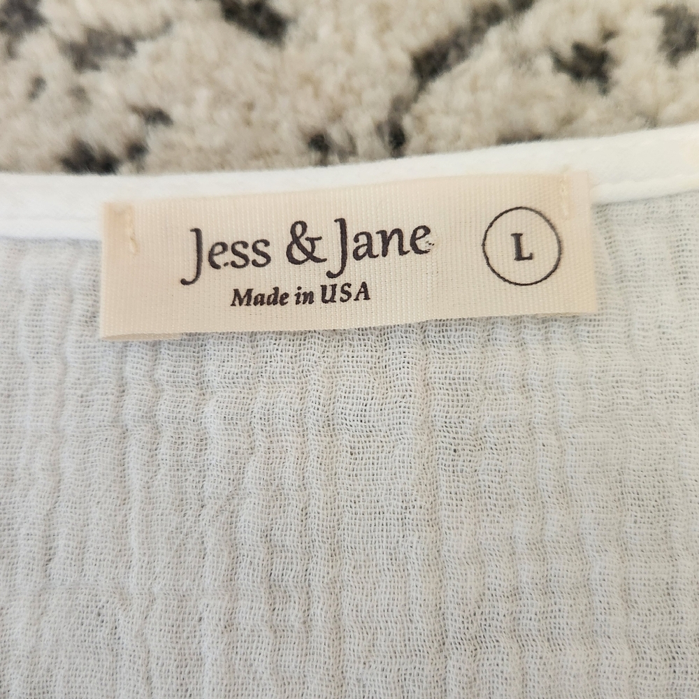 Jess & Jane Gauzy Boxy Balboa Tunic Top White Black Blue Cotton Circles Lines L - Picture 6 of 13